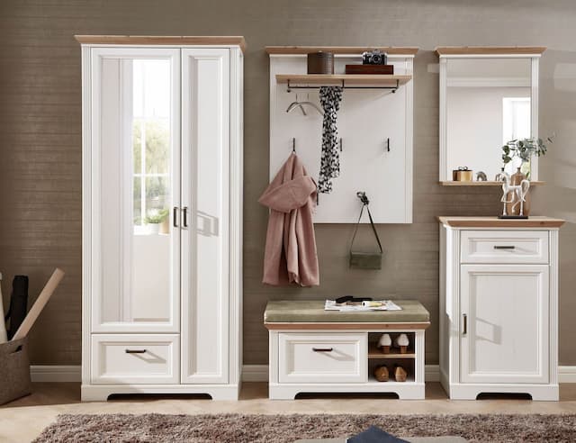 Garderoben Set JASMIN UH82 Pinie weiß 5-teilig mit Sitzbank