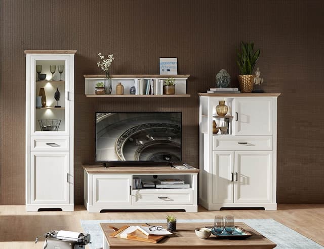 Wohnwand JASMIN UH80 Pinie weiß Nachbildung 4-teilig im Landhausstil