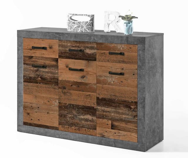 Kommode INDIANA 2 mit 3 Türen 3 Schubladen Front Old Wood Vintage