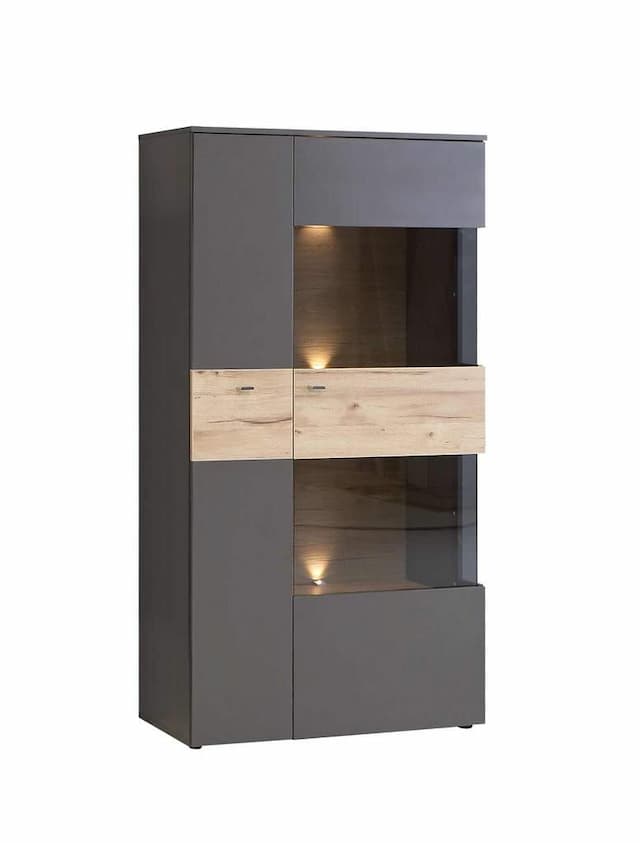 Highboard Vitrine COMO Verglasung rechts Optik Grau / Planked Eiche