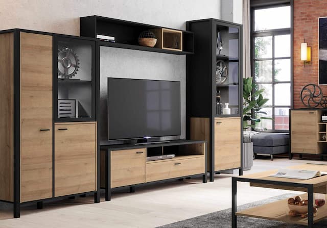 Wohnwand HIGH ROCK 4-tlg. mit Beleuchtung Riviera Eiche Optik /Schwarz