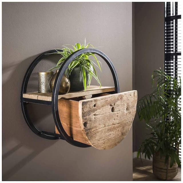 Wandregal OUD 50 rund Stahlrahmen Hartholz Altholz mit Schublade