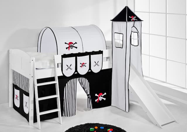 Spielbett mit Rutsche,Turm, Vorhang -LANDI/S -Pirat Schwarz-Kiefer Weiss
