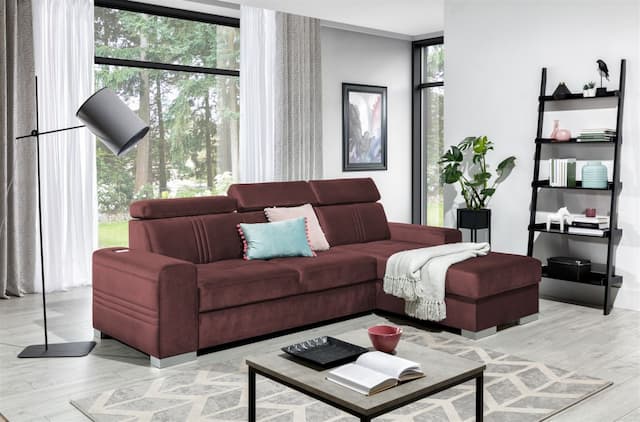 Ecksofa Schlafsofa NOLAN XS inkl USB in Stoff Monolith Purpurrot Ottomane Rechts