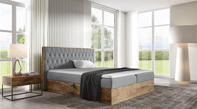 Boxspringbett Bett BROMIA 180x200cm Lancelot Eiche Stoff Grau inkl. Bettkasten