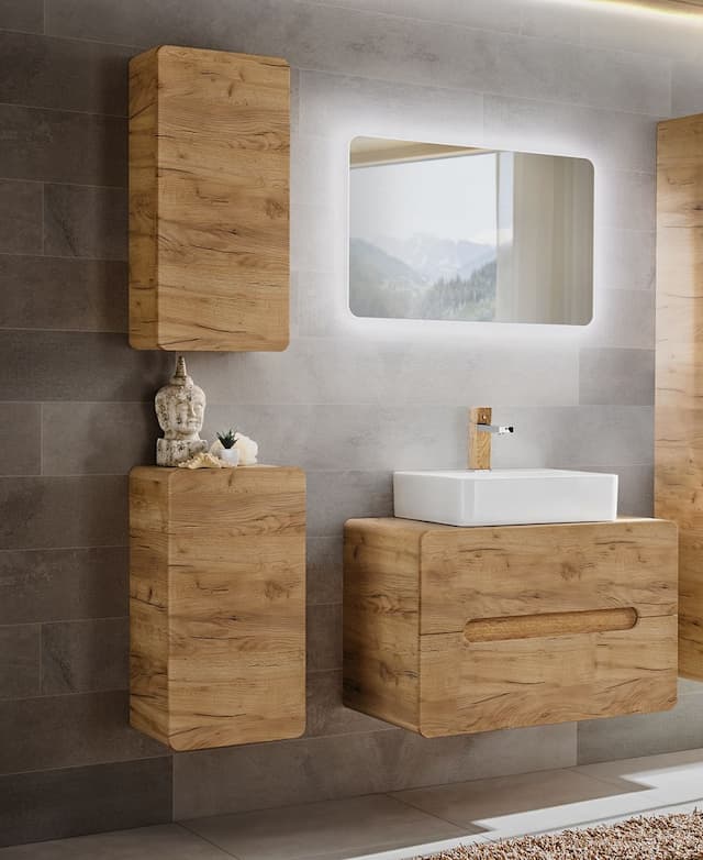 bad,badmoebel Set 5-tlg Badezimmerset FERMO 80cm Gold Eiche inkl.Waschtisch