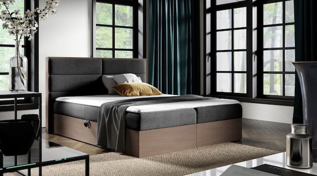 Boxspringbett Bett LAMBROS 160x200cm Dunkel Eiche Stoff Schwarz inkl. Bettkasten