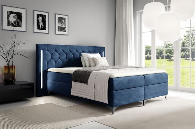 Boxspringbett Schlafzimmerbett ELODIE 140x200cm Dunkelblau inkl. Ambiente-LED