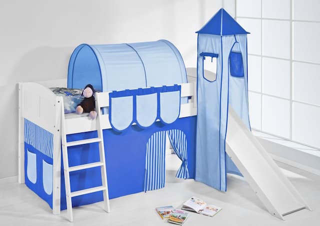 Spielbett mit Rutsche,Turm, Vorhang -LANDI/S -Blau Hellblau-Kiefer Weiss