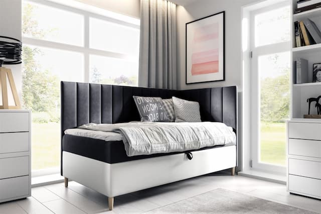 Boxspringbett Gästebett Kinderbett HELVI Nr3 90x200cm Weiss-Schwarz Seite Rechts