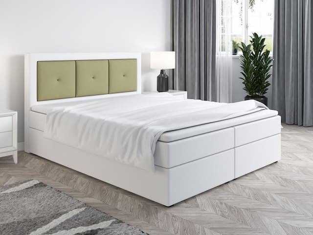 Boxspringbett Schlafzimmerbett MILES 140x200cm Weiss-Limettengrün inkl. Bettk...