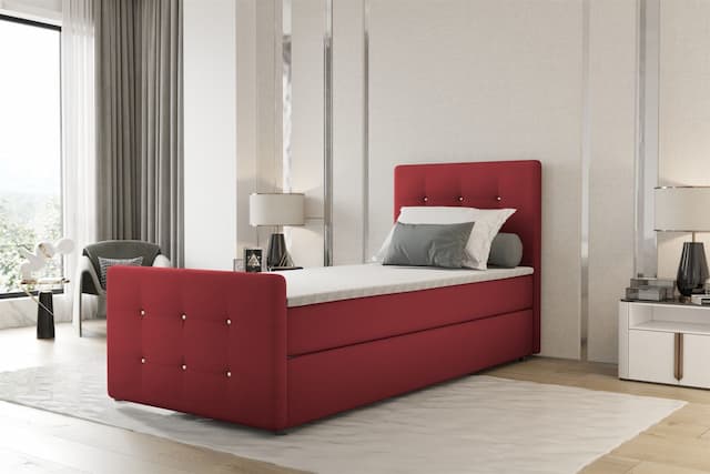 Boxspringbett Bett MARKOS 90x220cm Bettkasten Seite Rechts Rot inkl. Topper