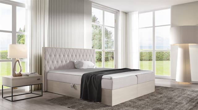 Boxspringbett Bett BROMIA 120x200cm Nordic Teak Stoff Hellbeige inkl. Bettkasten