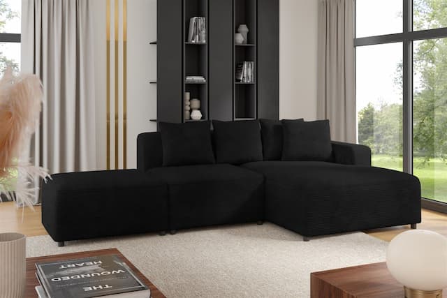 Ecksofa Designersofa MEGAN XS inkl. Hocker Stoff Poso Schwarz Ottomane Rechts