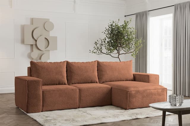 Ecksofa Designersofa ESTELLE in Stoff Abriamo Rostbraun Ottomane Rechts