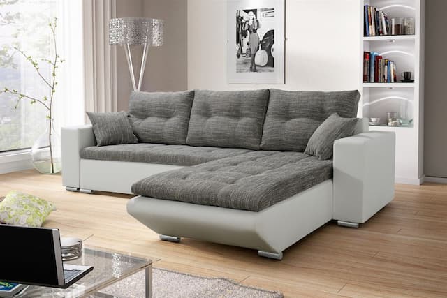 ecksofas Sofa NINO mit Schlaffunktion Weiss-Grau Ottomane Rechts