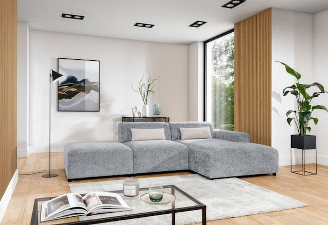 Ecksofa Designersofa ROMY in Stoff Enjoy Me Hellgrau Ottomane Rechts