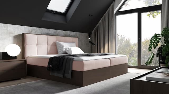 Boxspringbett Bett THANOS 200x200cm Dunkel Eiche Stoff Altrosa inkl. Bettkasten