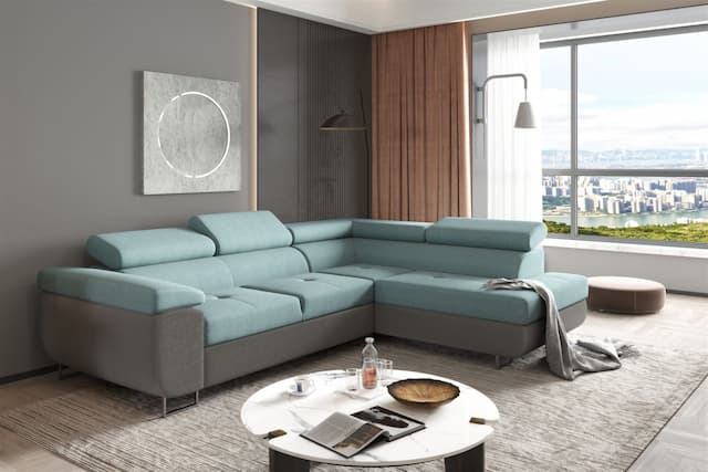 Couchgarnitur JADE Stoff Dunkelgrau-Meeresgrün Schlaffunktion Ottomane Rechts