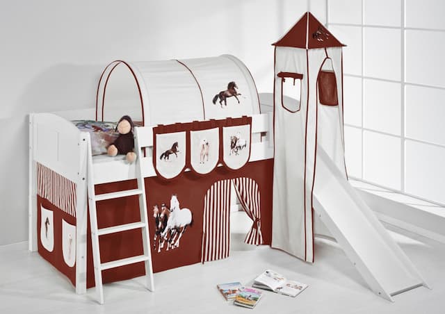 Spielbett mit Rutsche,Turm, Vorhang -LANDI/S -Pferde Braun-Kiefer Weiss