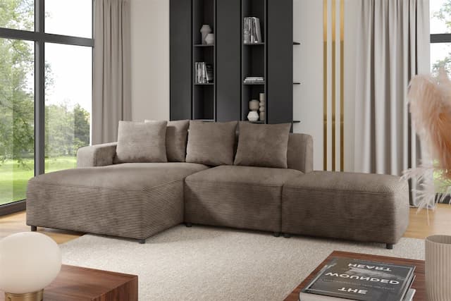 Ecksofa Designersofa MEGAN XS inkl. Hocker Stoff Poso Cappuccino Ottomane Links