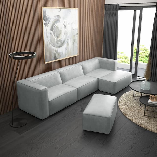 Ecksofa Designersofa HELMER inkl. Hocker in Stoff Pola Silbergrau Ottomane Re...