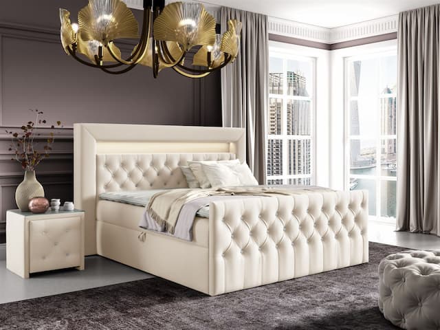 Boxspringbett Schlafzimmerbett SEVRA Nr.1 180x200cm in Elisa Velvet Cremeweiss